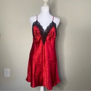 APT.9 Red Satin Chemise with Black Lace Trim